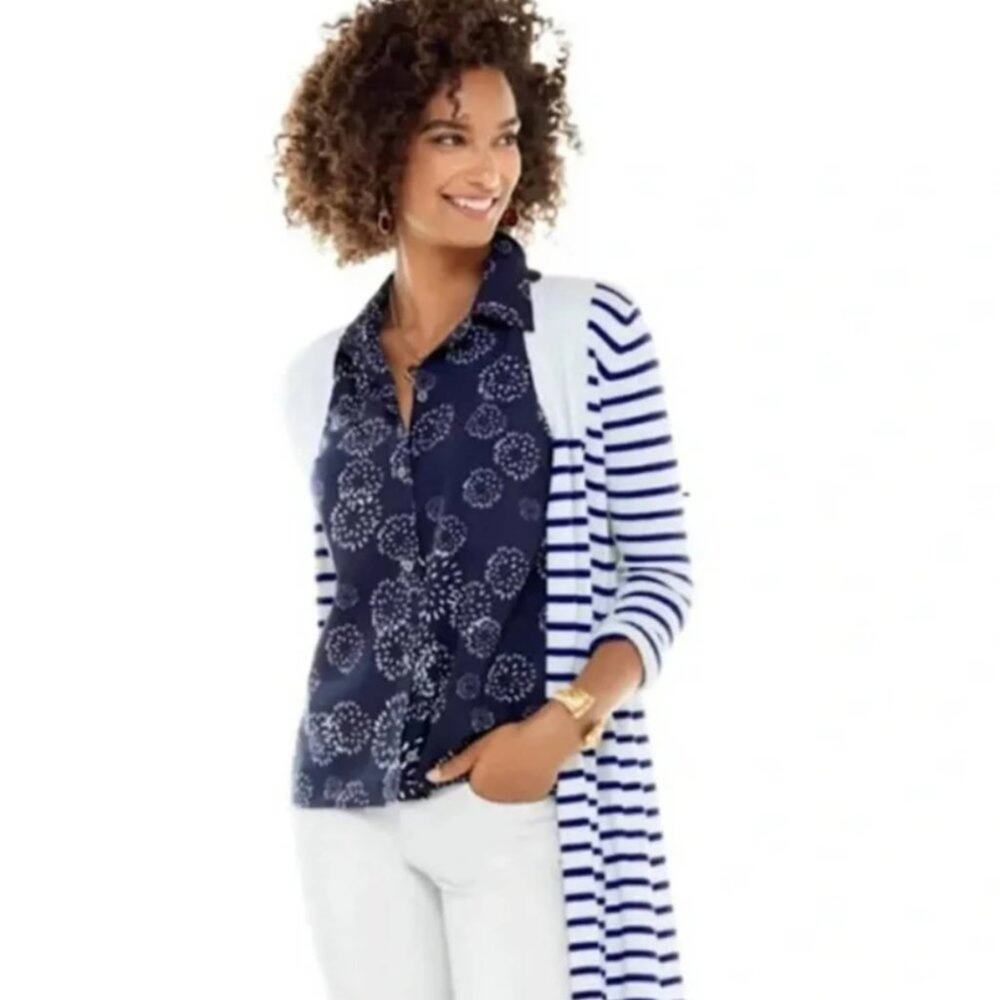 Cabi Dandelion Print Button Front Peplum Blouse Size S Navy White Sleeveless